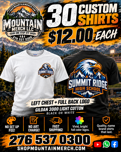 30 custom Gildan 3000 shirts with left chest and full back print for $12 each