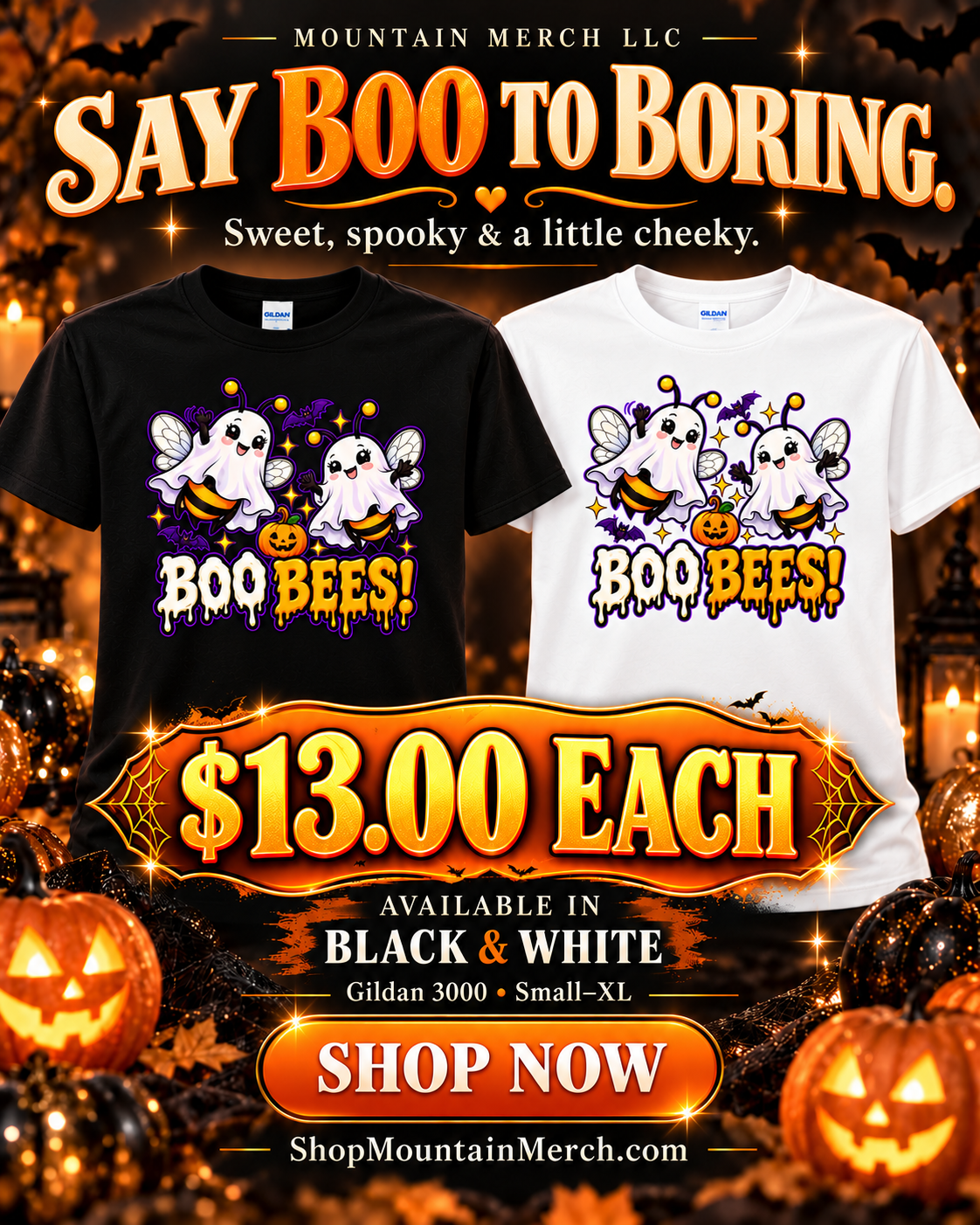 BOO BEES! Halloween Special — Gildan 3000 — black and white shirts, $13 each