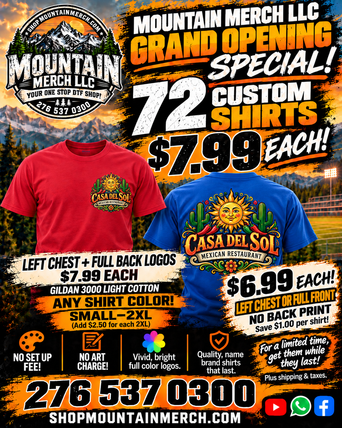 Grand Opening Special pricing and options for 72 custom shirts