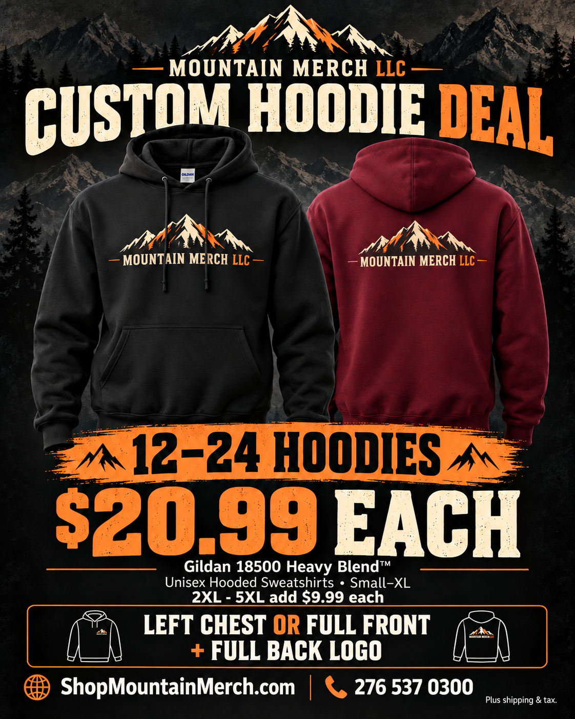 Custom hoodie deal — 2XL–5XL add $9.99 each