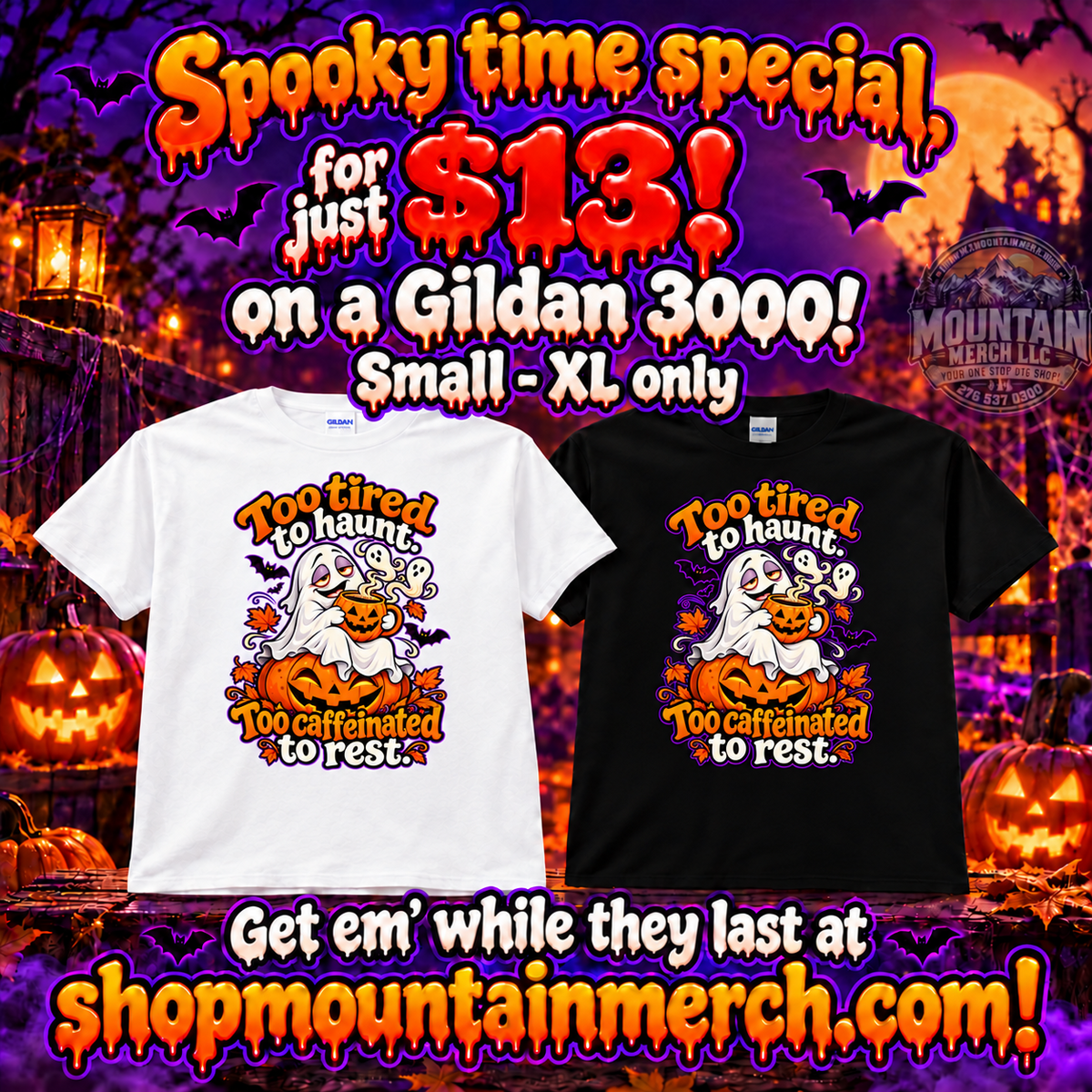 Too tired to haunt. Too caffeinated to rest. — black and white Gildan 3000 Halloween shirts