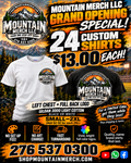 24 custom Gildan 3000 shirts with left chest and full back logos, $13 each