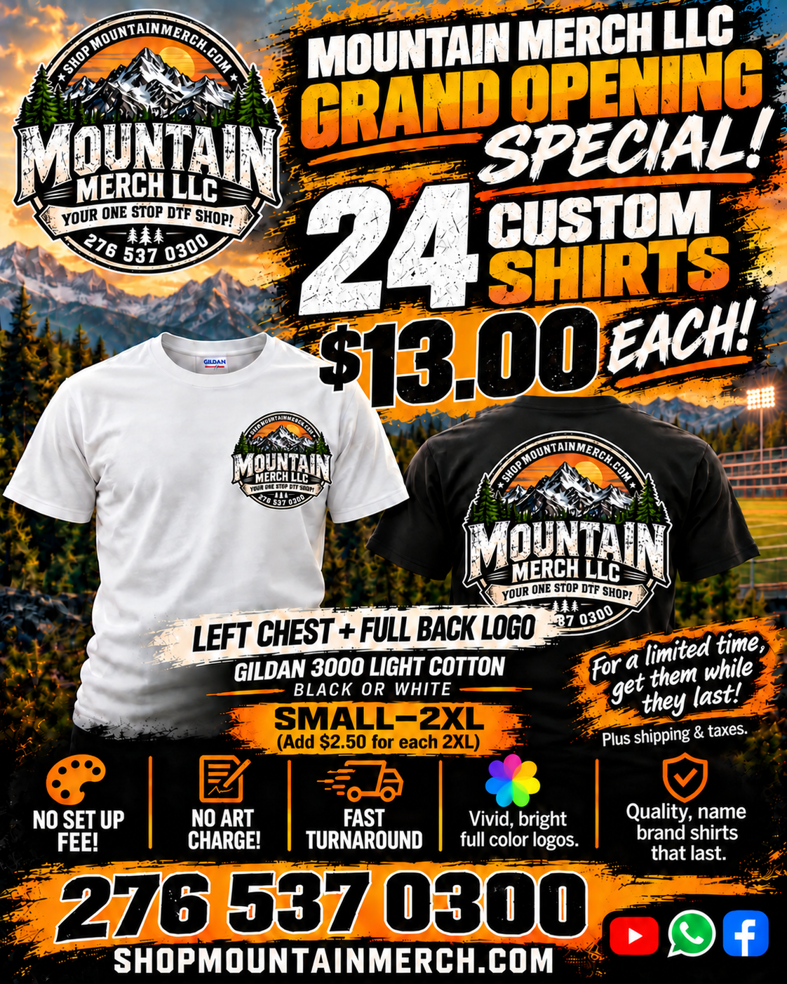 24 custom Gildan 3000 shirts with left chest and full back logos, $13 each