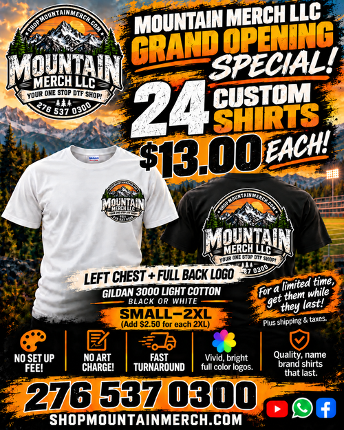24 custom Gildan 3000 shirts with left chest and full back logos, $13 each