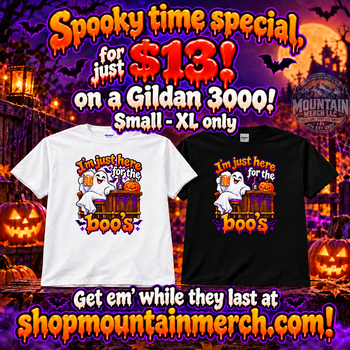 I'm just here for the Boo's Halloween special — smaller front prints on black and white shirts